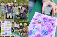 a collage of pictures of people painting and holding a glass of water